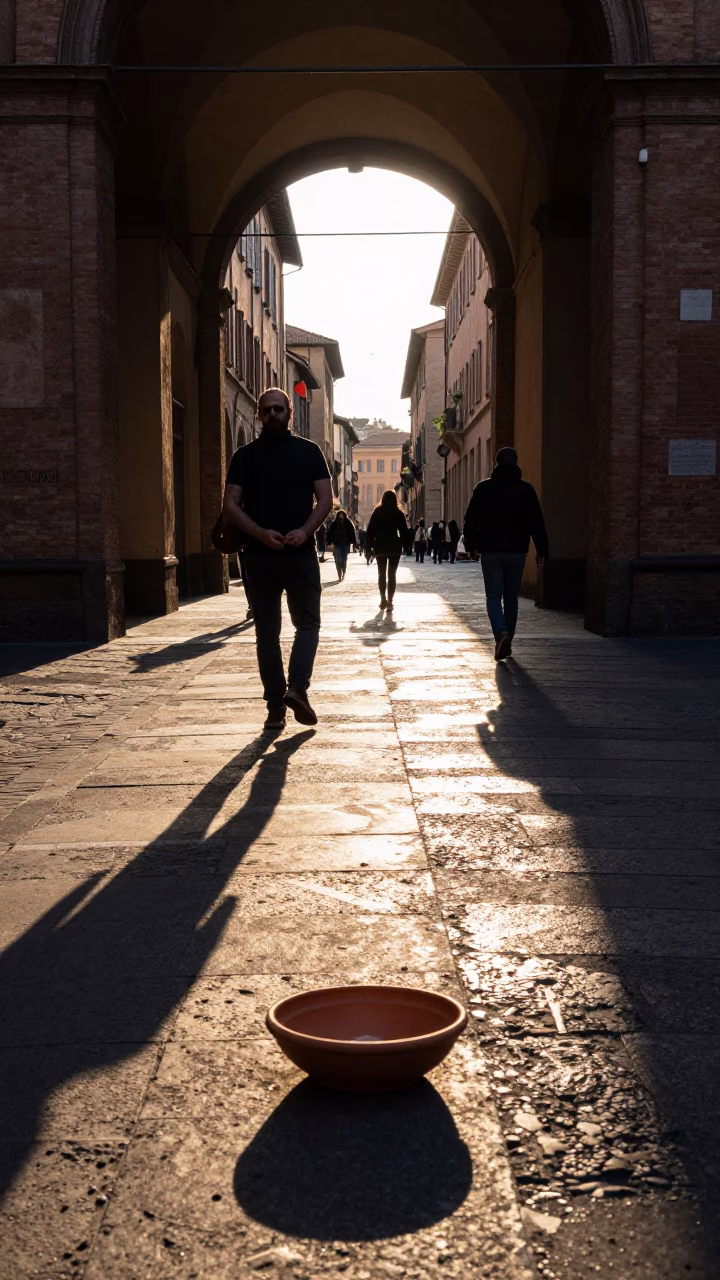 Late Afternoon Street Scene in Bologna Italy with Terracotta Bowl and Olive Wood Spoon in in Bologna, Italy