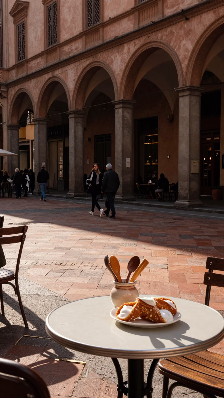 Late Afternoon Street Scene in Bologna Italy with Traditional Cannoli and Ceramic Utensil Jars in in Bologna, Italy