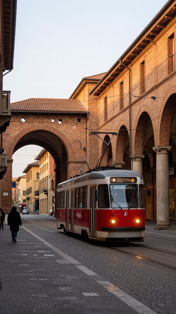 Late Afternoon Street Scene in Bologna Italy with Tram and Historic Architecture in in Bologna, Italy