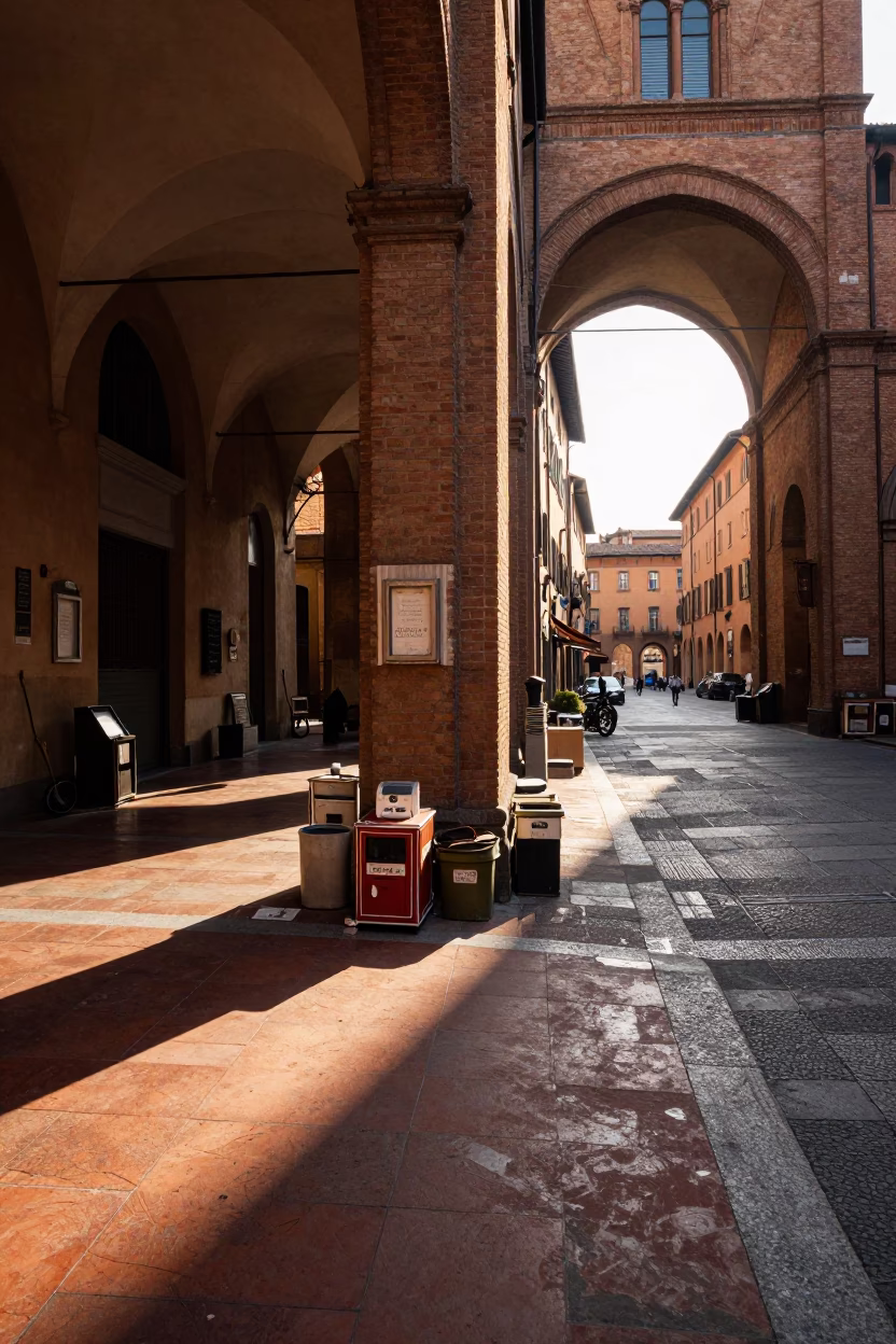 Late Afternoon Street Scene in Bologna Italy with Vintage Items in in Bologna, Italy