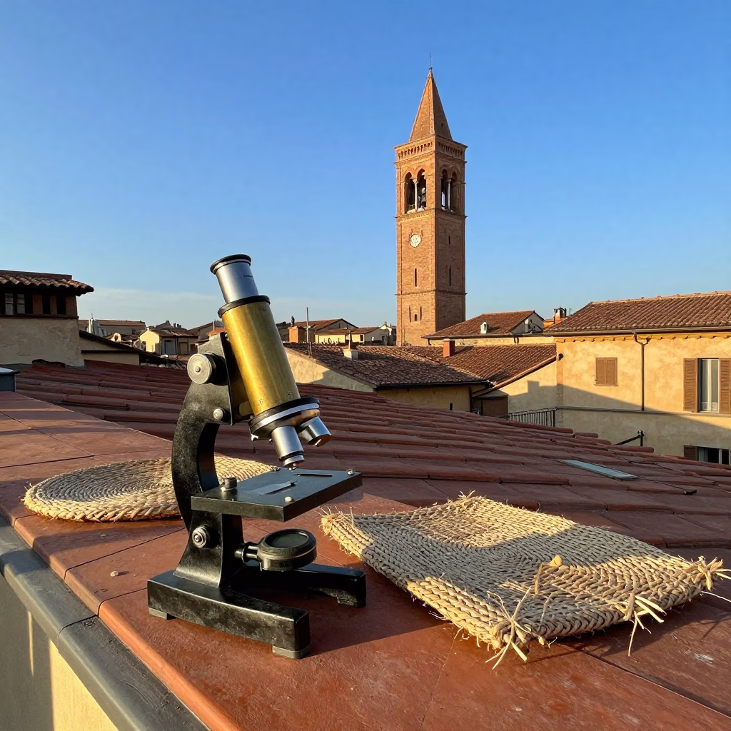 Late Afternoon Street Scene in Bologna Italy with Woven Mats and Antique Microscope in in Bologna, Italy