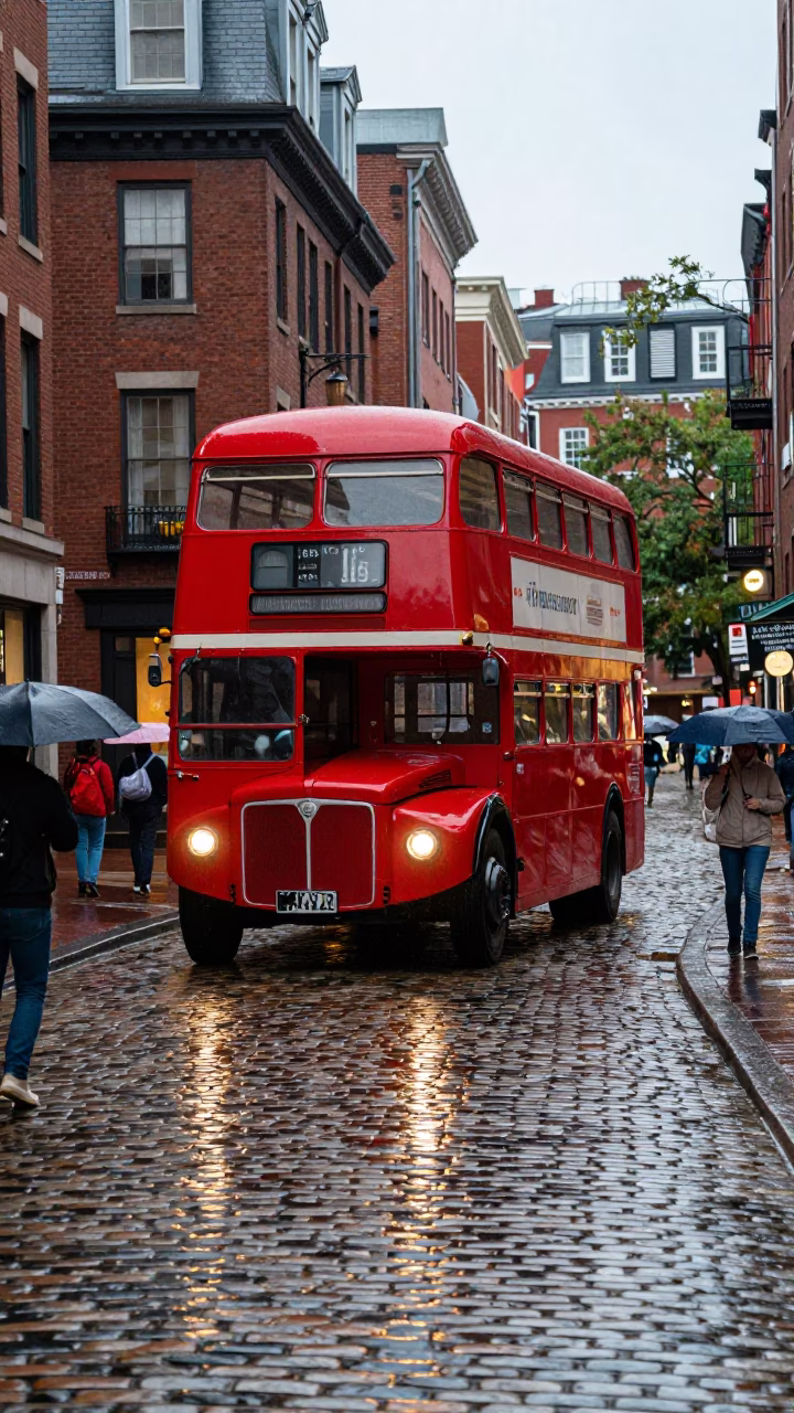 Late Afternoon Street Scene in Boston Massachusetts with Red Double Decker Bus in in Boston, Massachusetts, United States
