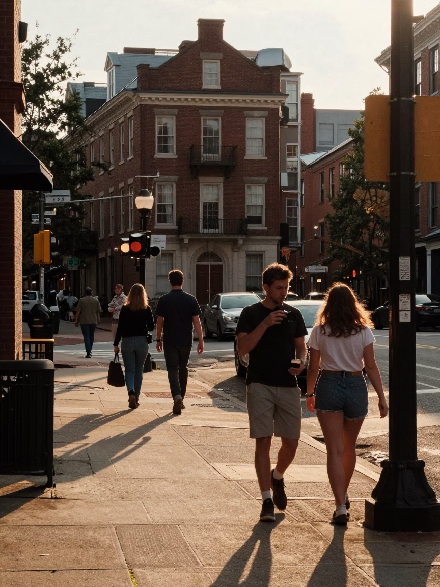 Late Afternoon Street Scene in Boston Massachusetts with Vintage 1970s Aesthetic and Urban Details in in Boston, Massachusetts, United States