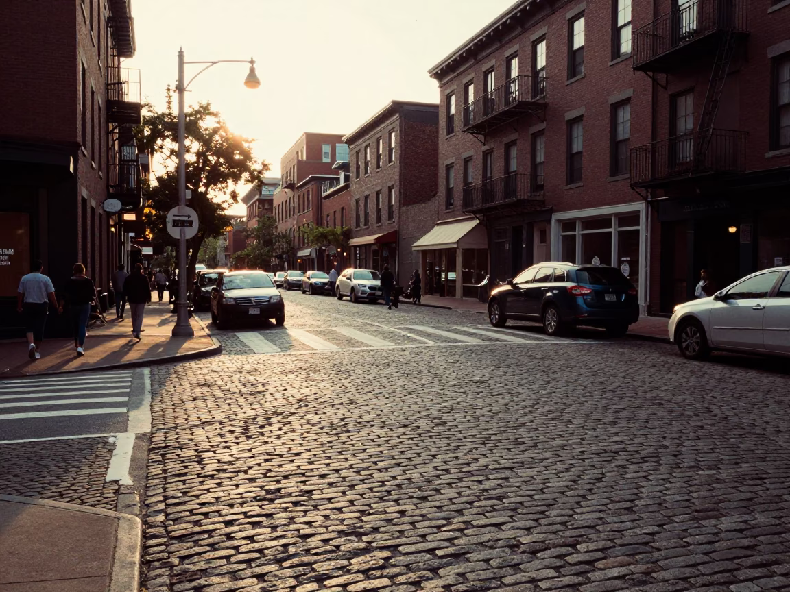 Late Afternoon Street Scene in Boston Massachusetts with Vintage 1980s Aesthetic Details in in Boston, Massachusetts, United States