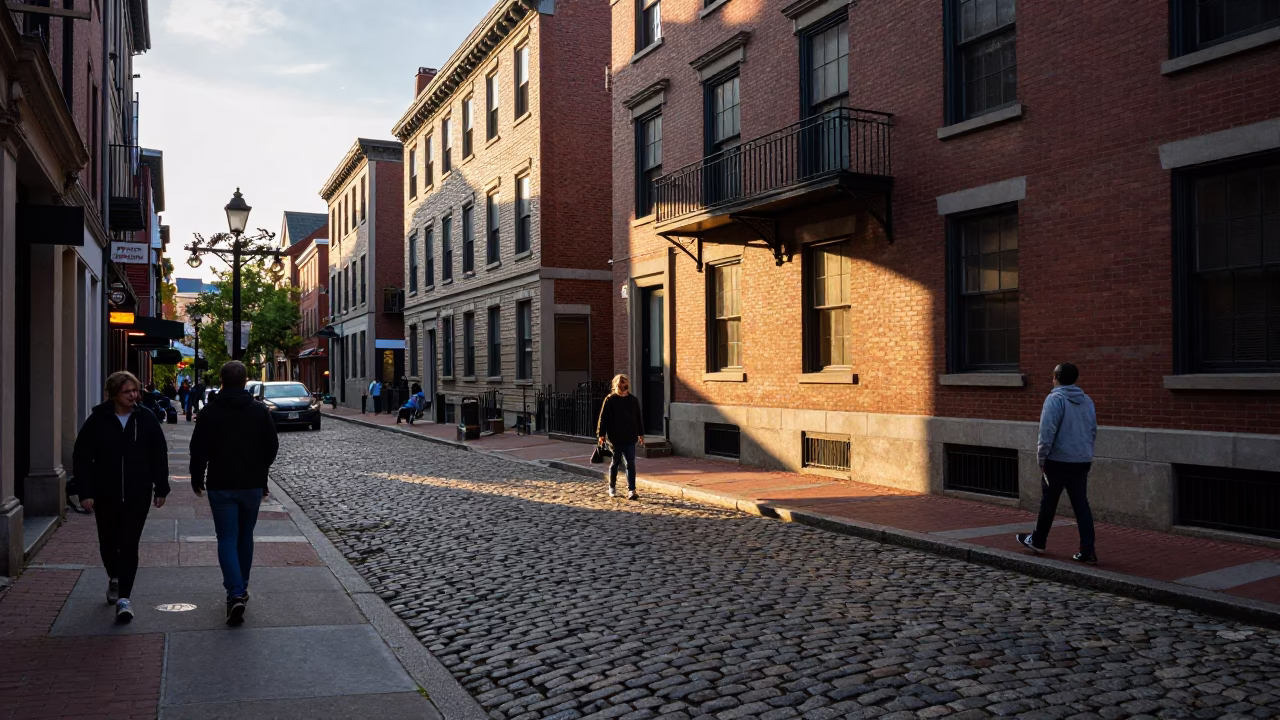Late Afternoon Street Scene in Boston Massachusetts with Window Light and Flowering Plant in in Boston, Massachusetts, United States