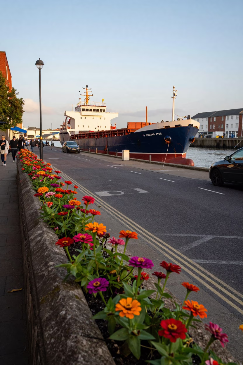 Late Afternoon Street Scene in Bristol UK with Cargo Ship Horizon and Zinnias in in Bristol, United Kingdom