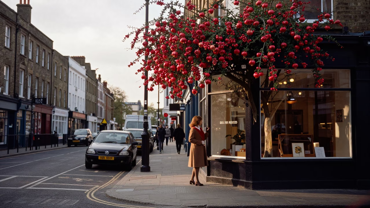Late Afternoon Street Scene in Bristol UK with Pomegranate and Plate in in Bristol, United Kingdom