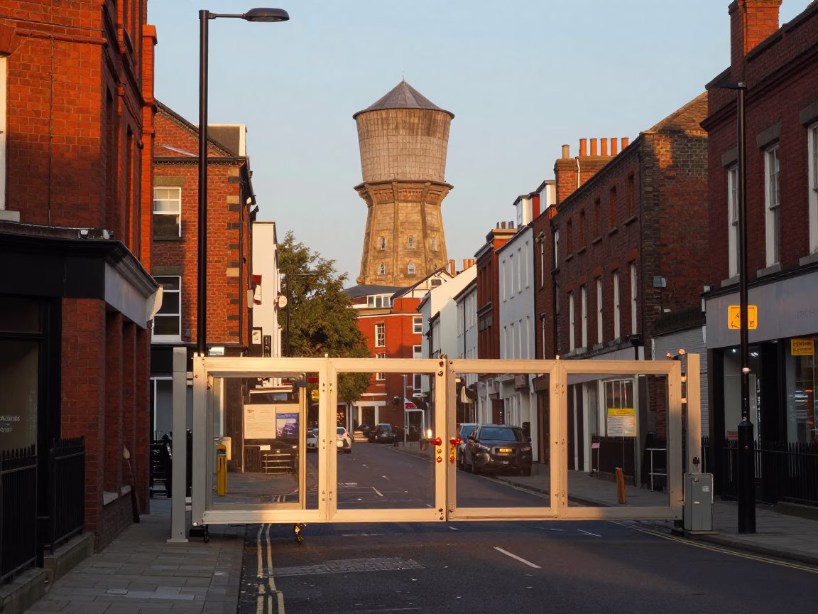 Late Afternoon Street Scene in Bristol UK with Water Tower and Construction Elevator Gate in in Bristol, United Kingdom