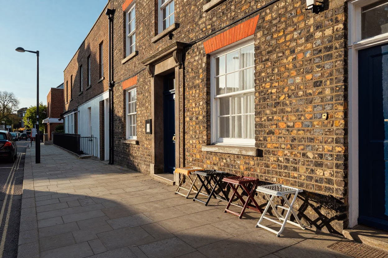 Late Afternoon Street Scene in Bristol United Kingdom with Folding Stools and Urban Architecture in in Bristol, United Kingdom