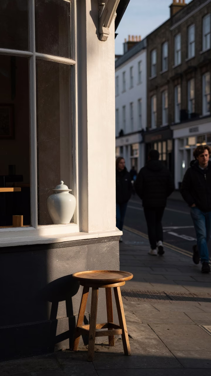 Late Afternoon Street Scene in Bristol United Kingdom with Wooden Platter and Blue Porcelain in in Bristol, United Kingdom