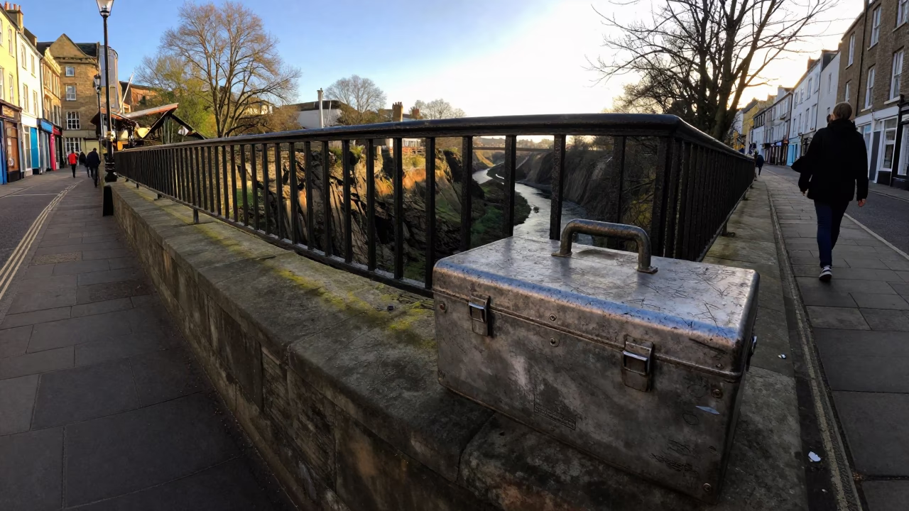 Late Afternoon Street Scene in Bristol with Toolbox and Commuter Train in in Bristol, United Kingdom