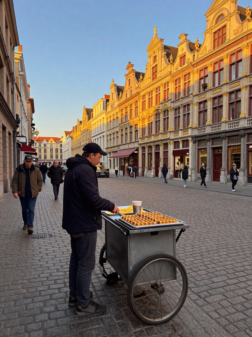 Late Afternoon Street Scene in Brussels Belgium with Traditional Belgian Waffle Stand in in Brussels, Belgium