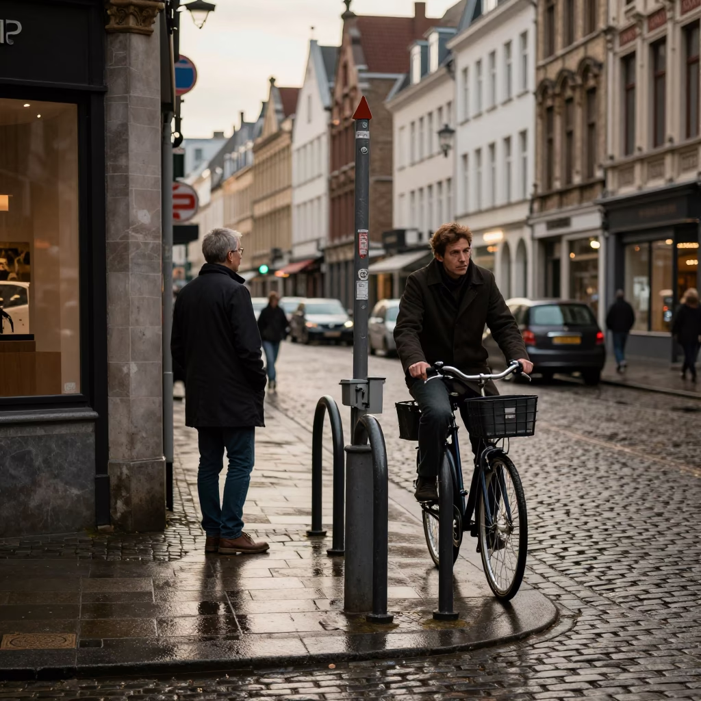 Late Afternoon Street Scene in Brussels Belgium with Vintage Details and Urban Elements in in Brussels, Belgium