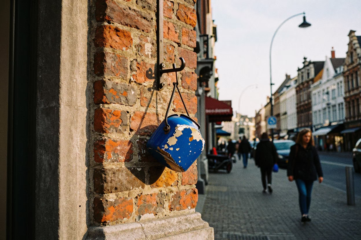 Late Afternoon Street Scene in Brussels with Chipped Blue Enamel Pot and Wall Hook in in Brussels, Belgium