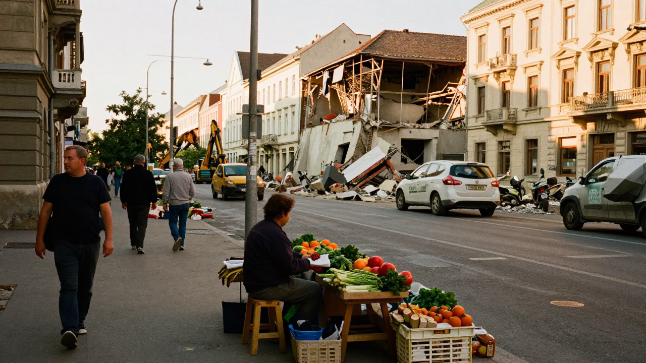 Late Afternoon Street Scene in Budapest Hungary with Demolition and Local Life in in Budapest, Hungary