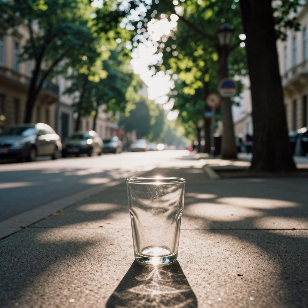 Late Afternoon Street Scene in Budapest Hungary with Glass Cup and Leaf Shadows in in Budapest, Hungary
