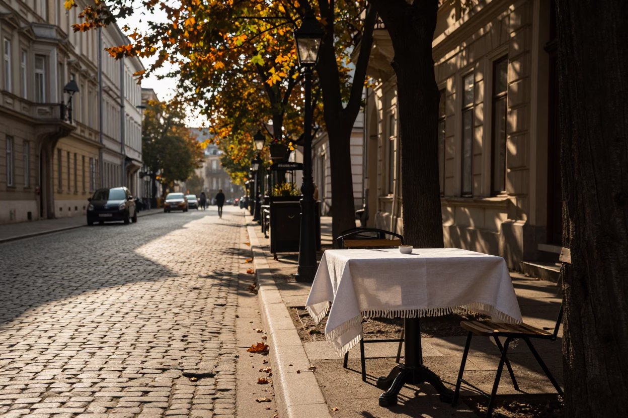 Late Afternoon Street Scene in Budapest Hungary with Linen Fringe and Local Interaction in in Budapest, Hungary