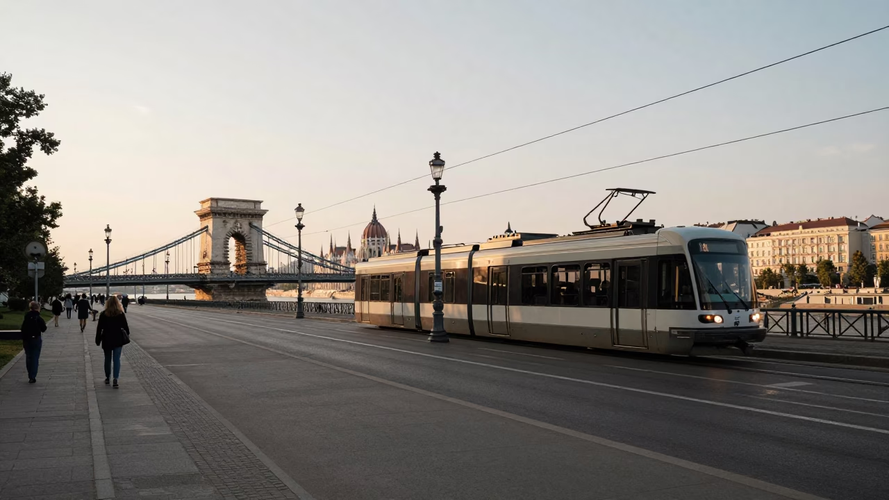 Late Afternoon Street Scene in Budapest Hungary with Monorail and Traditional Architecture in in Budapest, Hungary