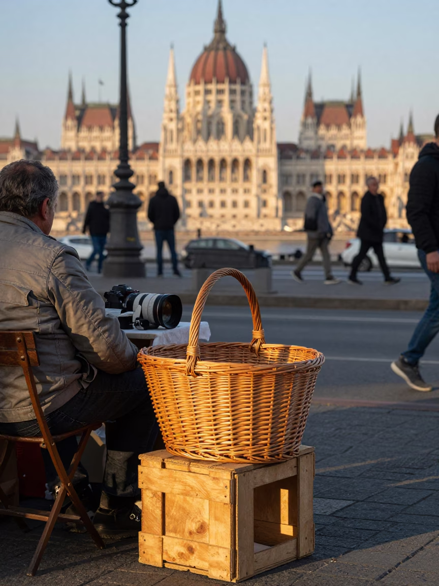 Late Afternoon Street Scene in Budapest Hungary with Wicker Basket and Fabric Details in in Budapest, Hungary