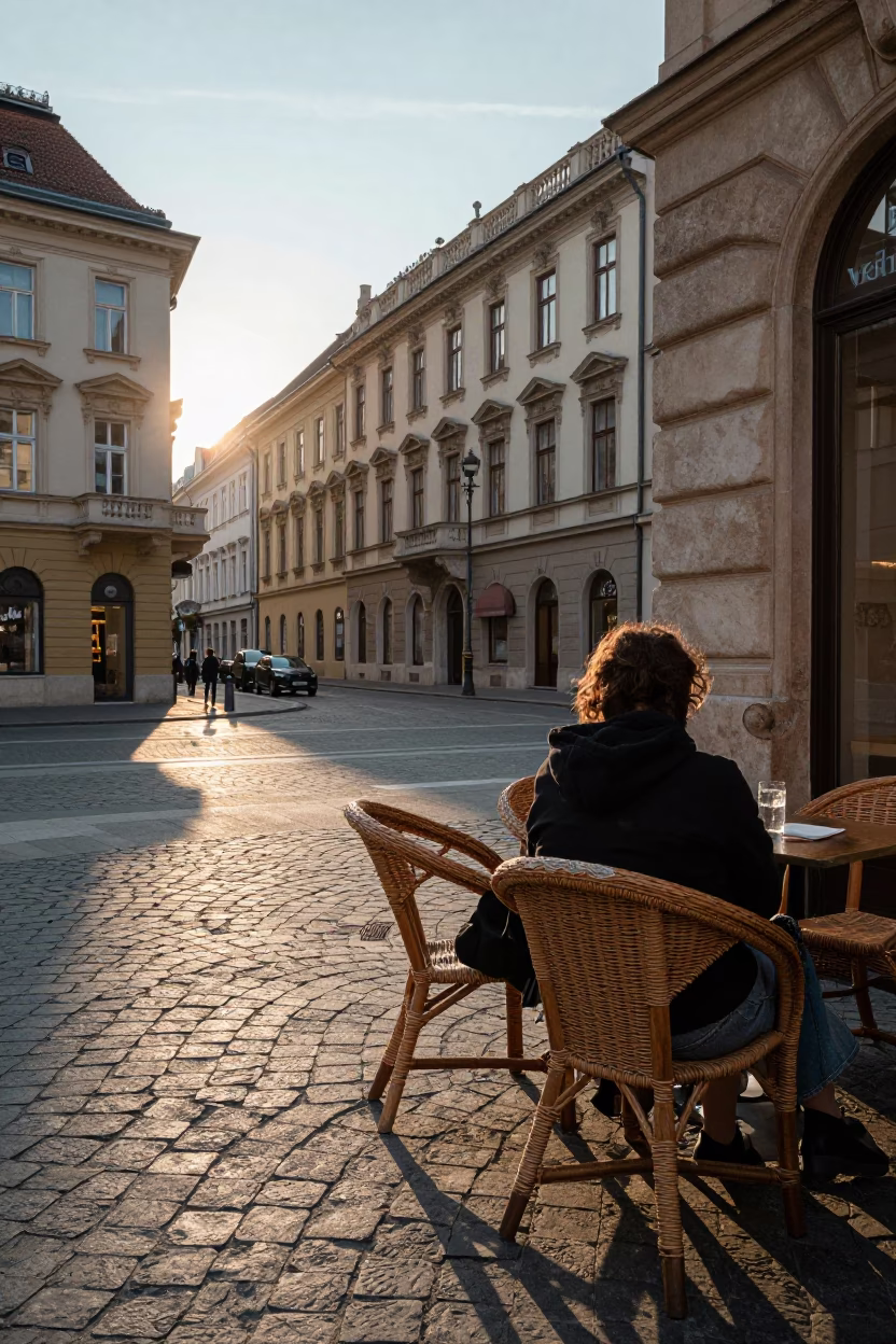 Late Afternoon Street Scene in Budapest with Wicker Chair and Succulent Terrarium in in Budapest, Hungary