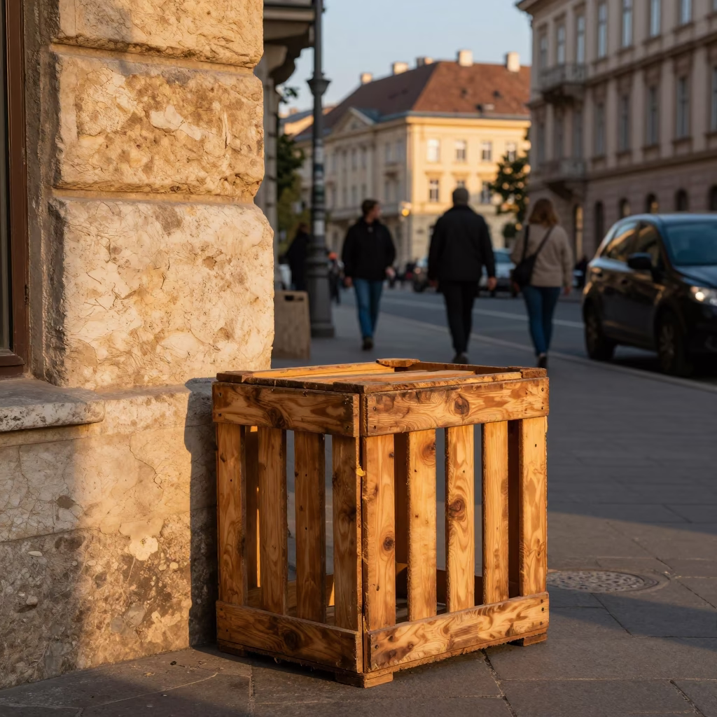Late Afternoon Street Scene in Budapest with Wooden Crate and Urban Details in in Budapest, Hungary