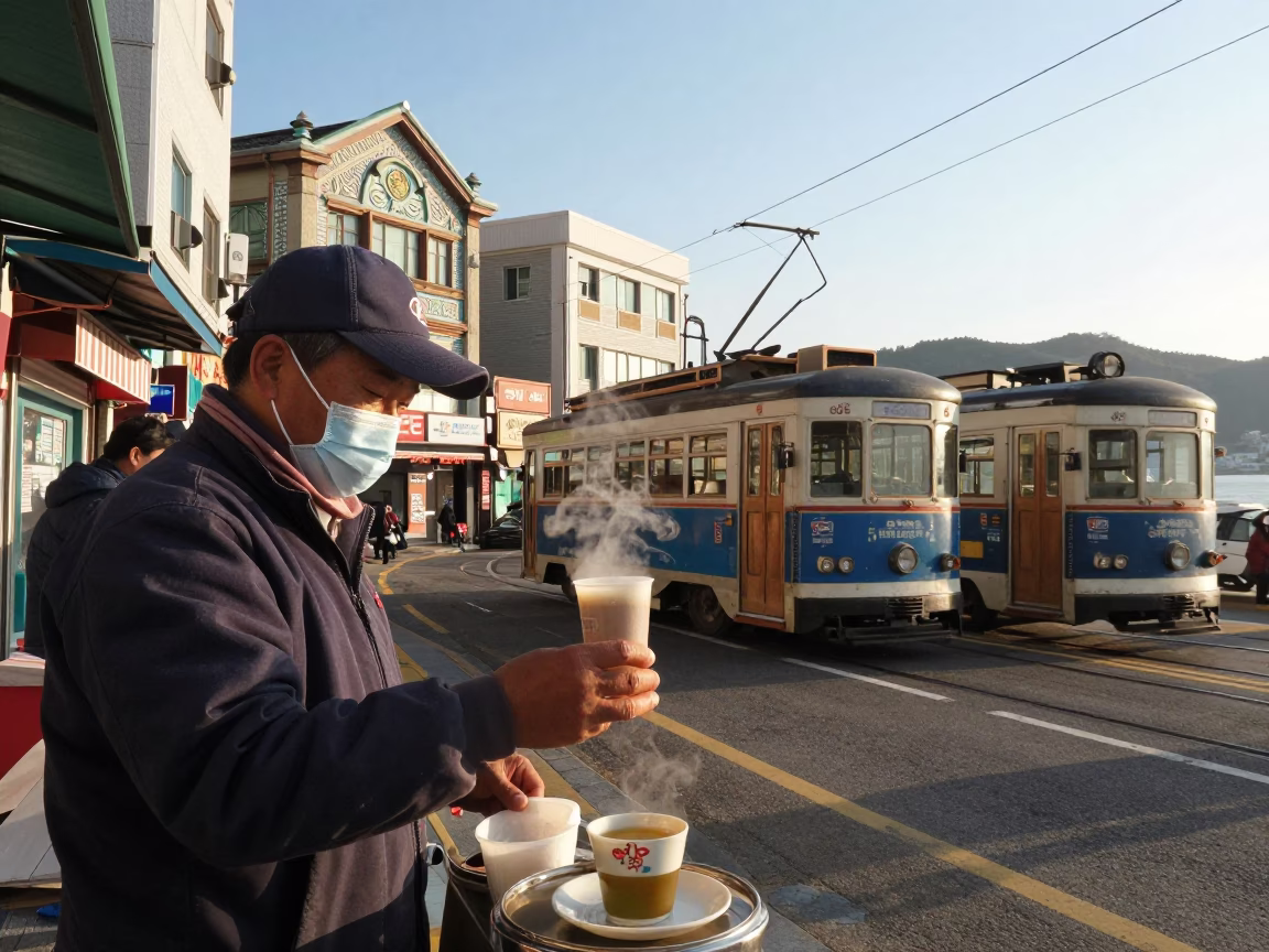 Late Afternoon Street Scene in Busan South Korea with Steaming Genmaicha Tea Cup in in Busan, South Korea