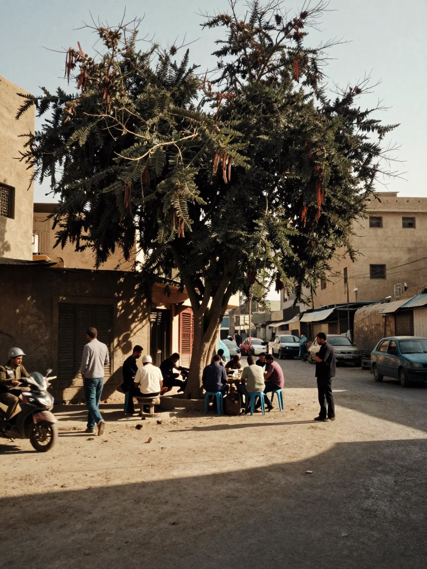Late Afternoon Street Scene in Cairo Egypt with Tamarind Tree and Rusty Metal Frame in in Cairo, Egypt