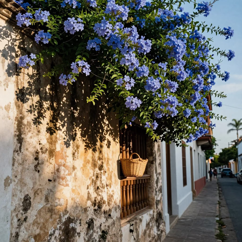Late Afternoon Street Scene in Cartagena Colombia with Blue Plumbago Hedge and Wicker Basket in in Cartagena, Colombia