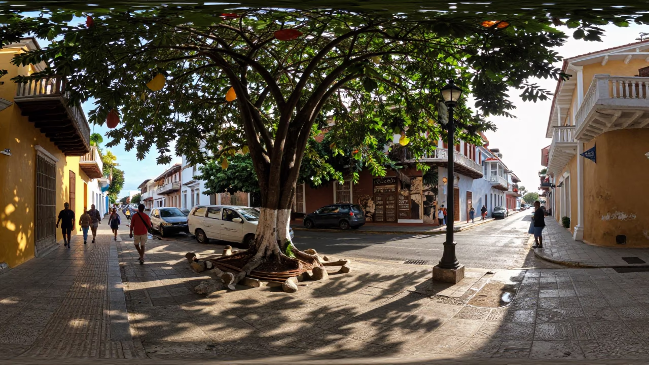 Late Afternoon Street Scene in Cartagena Colombia with Lantern and Leaf Shadows in in Cartagena, Colombia
