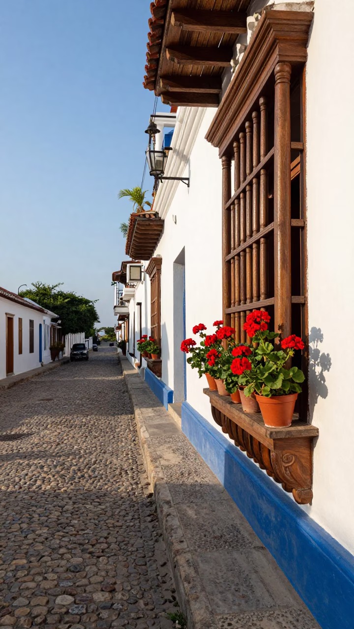 Late Afternoon Street Scene in Cartagena Colombia with Potted Geraniums in in Cartagena, Colombia
