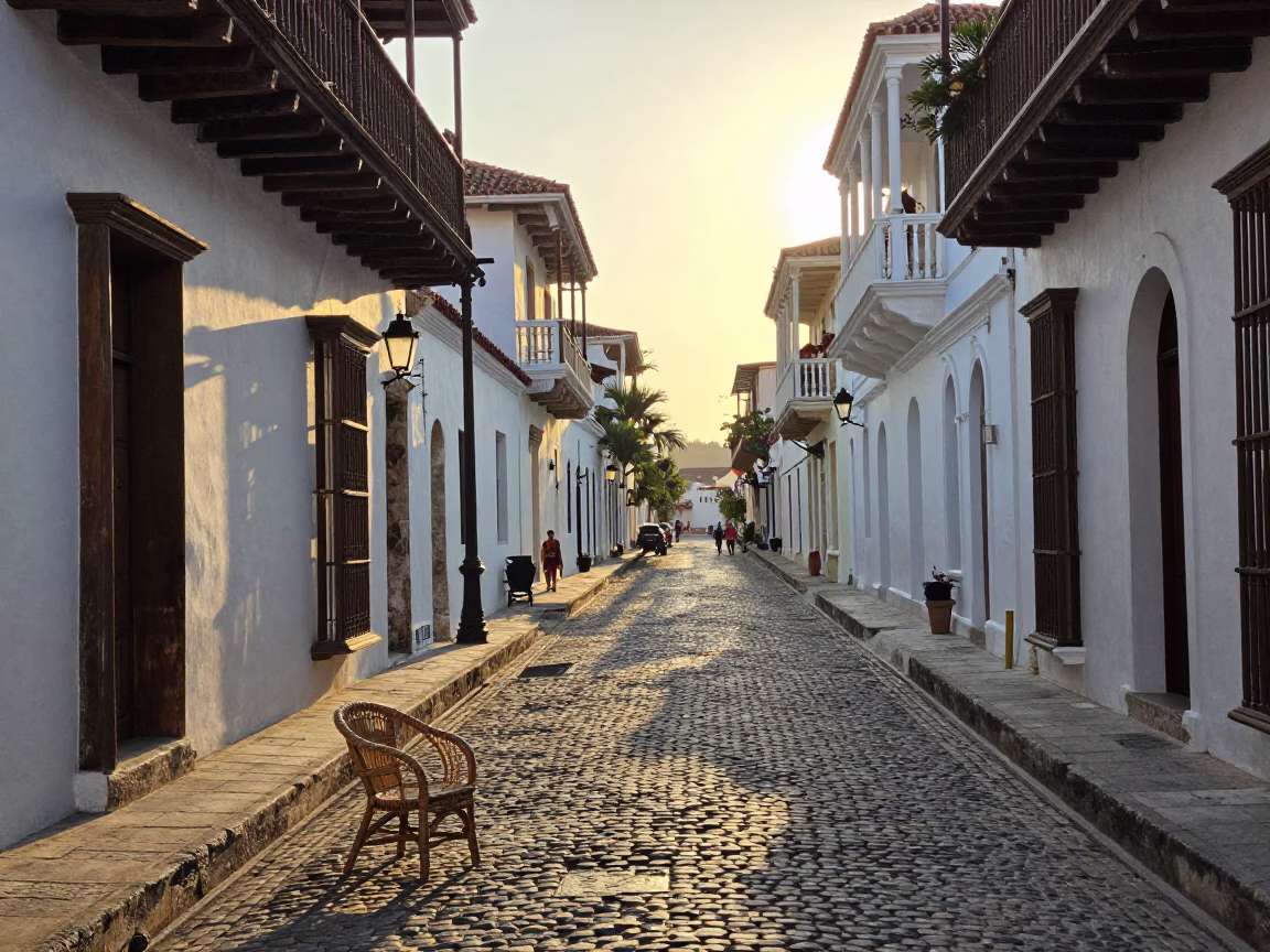Late Afternoon Street Scene in Cartagena Colombia with Rattan Chair and Seashells in in Cartagena, Colombia