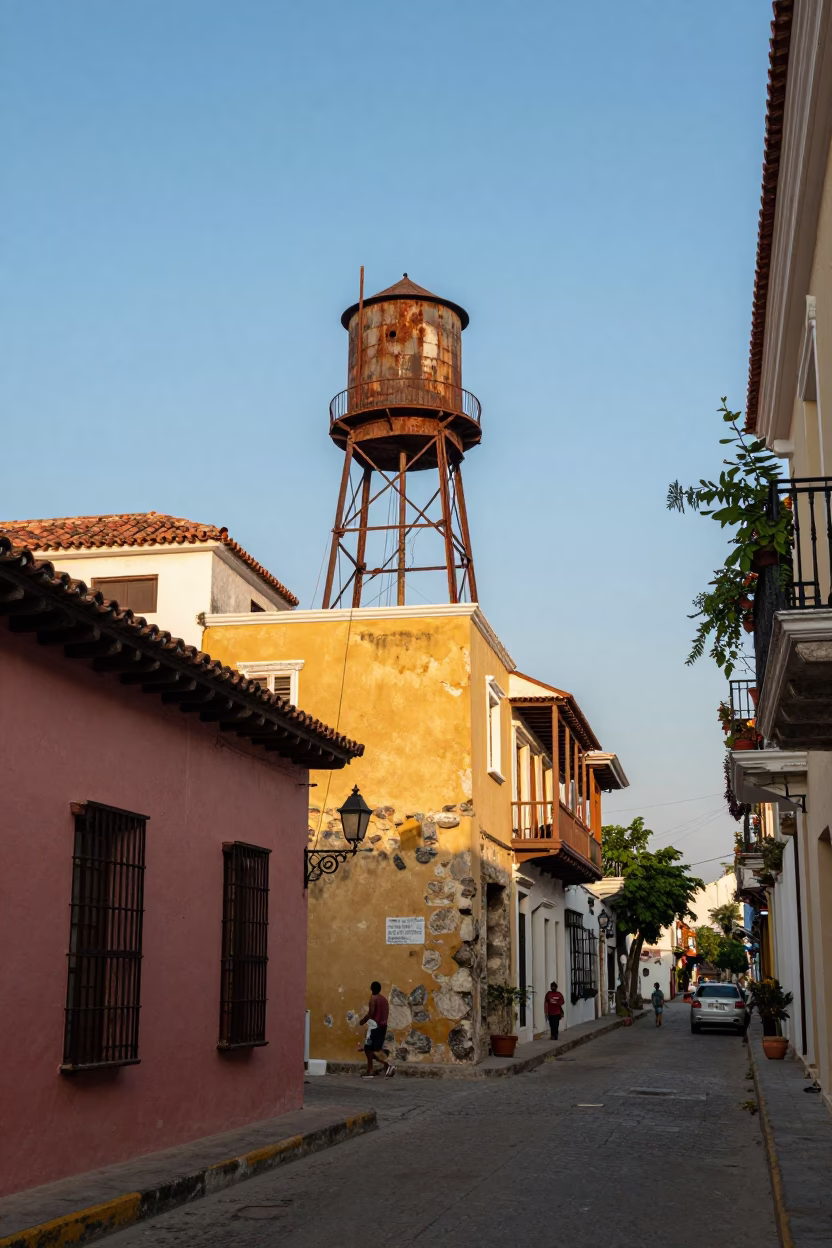 Late Afternoon Street Scene in Cartagena Colombia with Rooftop Water Tower in in Cartagena, Colombia