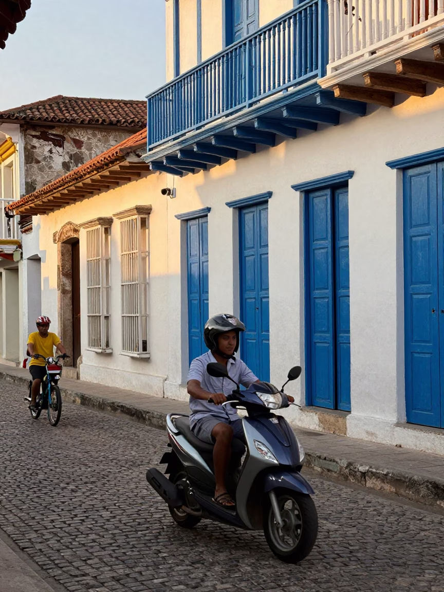 Late Afternoon Street Scene in Cartagena Colombia with Scooter and Colonial Architecture in in Cartagena, Colombia