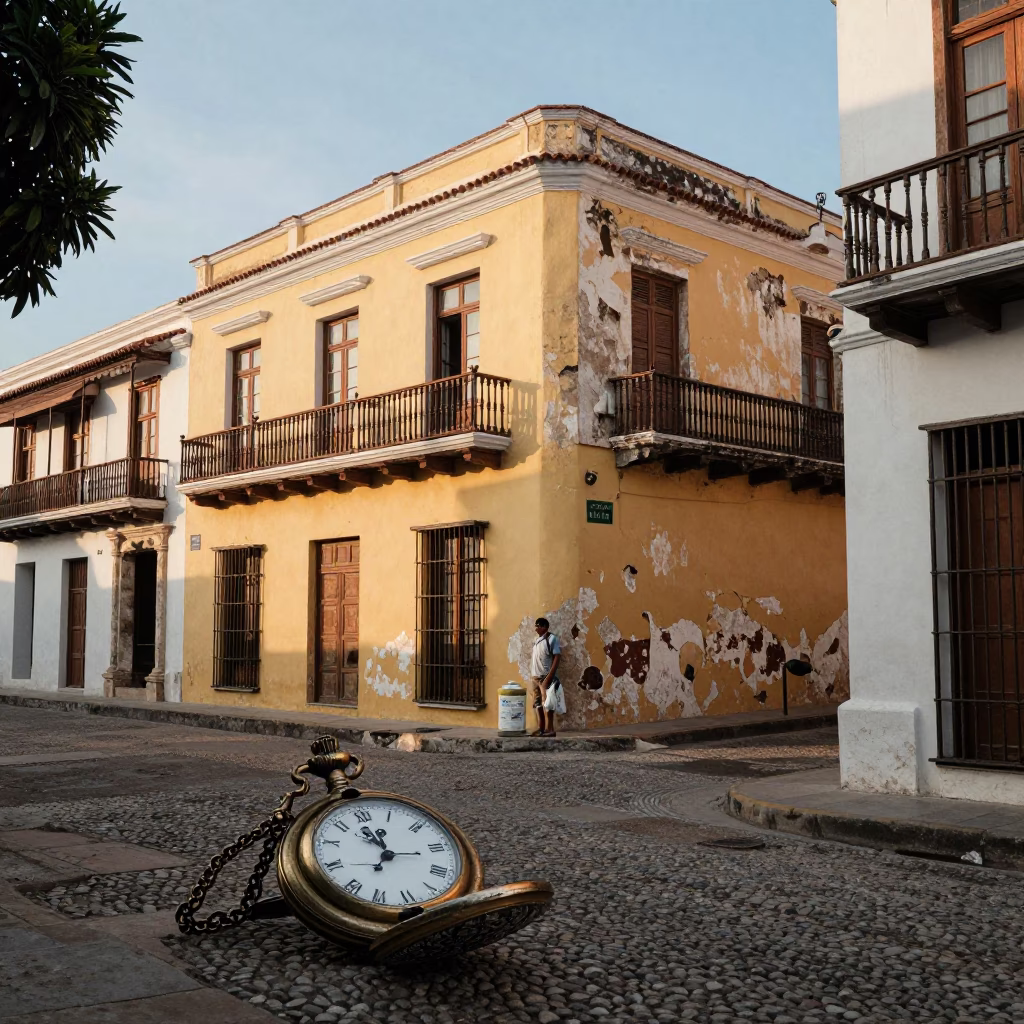 Late Afternoon Street Scene in Cartagena Colombia with Vintage Pocket Watch in in Cartagena, Colombia