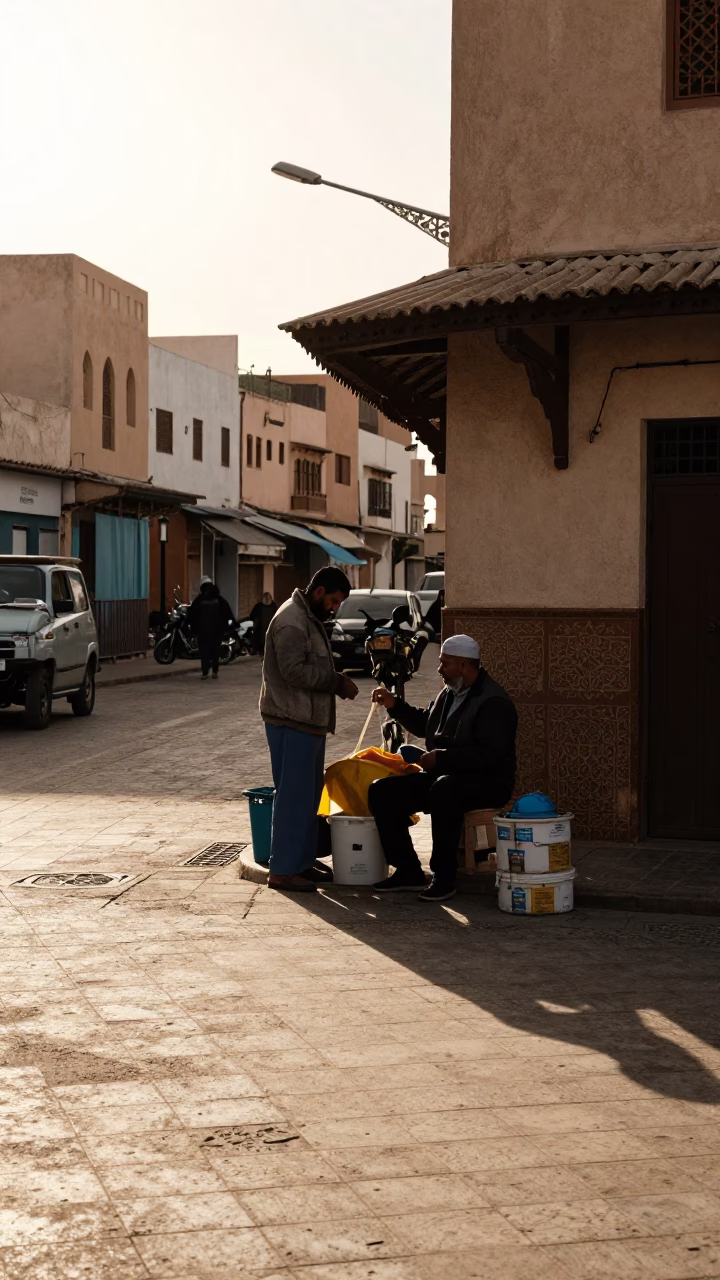 Late Afternoon Street Scene in Casablanca Morocco with Local Vendor and Traditional Bread Basket in in Casablanca, Morocco