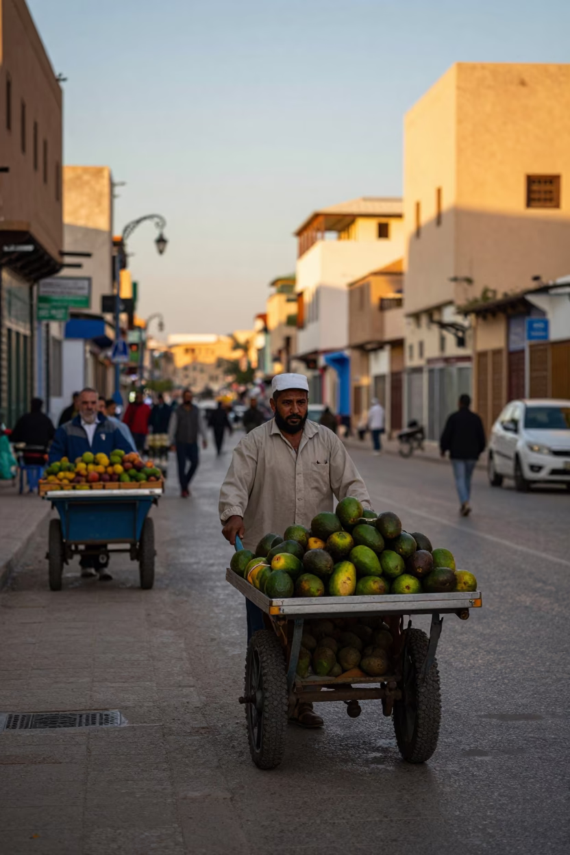 Late Afternoon Street Scene in Casablanca Morocco with Rolling Carts and Local Commerce in in Casablanca, Morocco