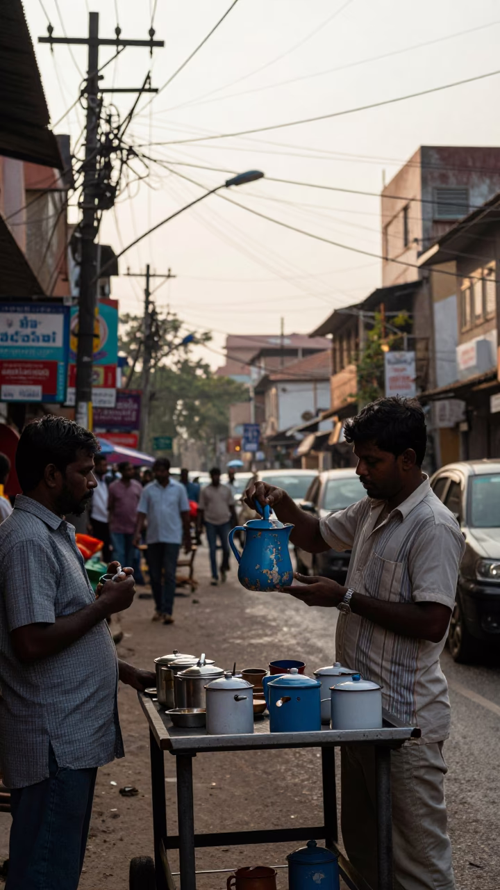Late Afternoon Street Scene in Chennai India with Enamel Pitcher and Local Market Activity in in Chennai, India
