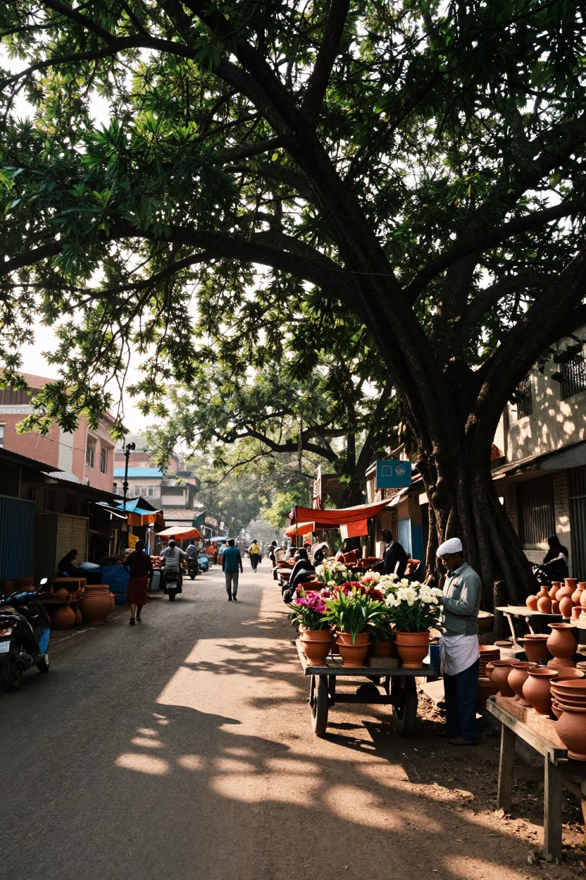 Late Afternoon Street Scene in Chennai India with Flowerpot and Market Activity in in Chennai, India