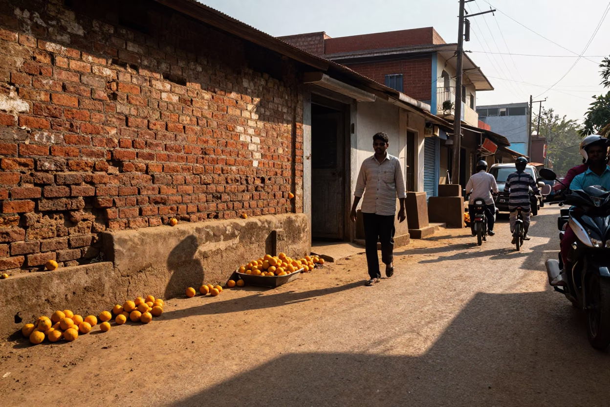 Late Afternoon Street Scene in Chennai India with Oranges and Traditional Elements in in Chennai, India