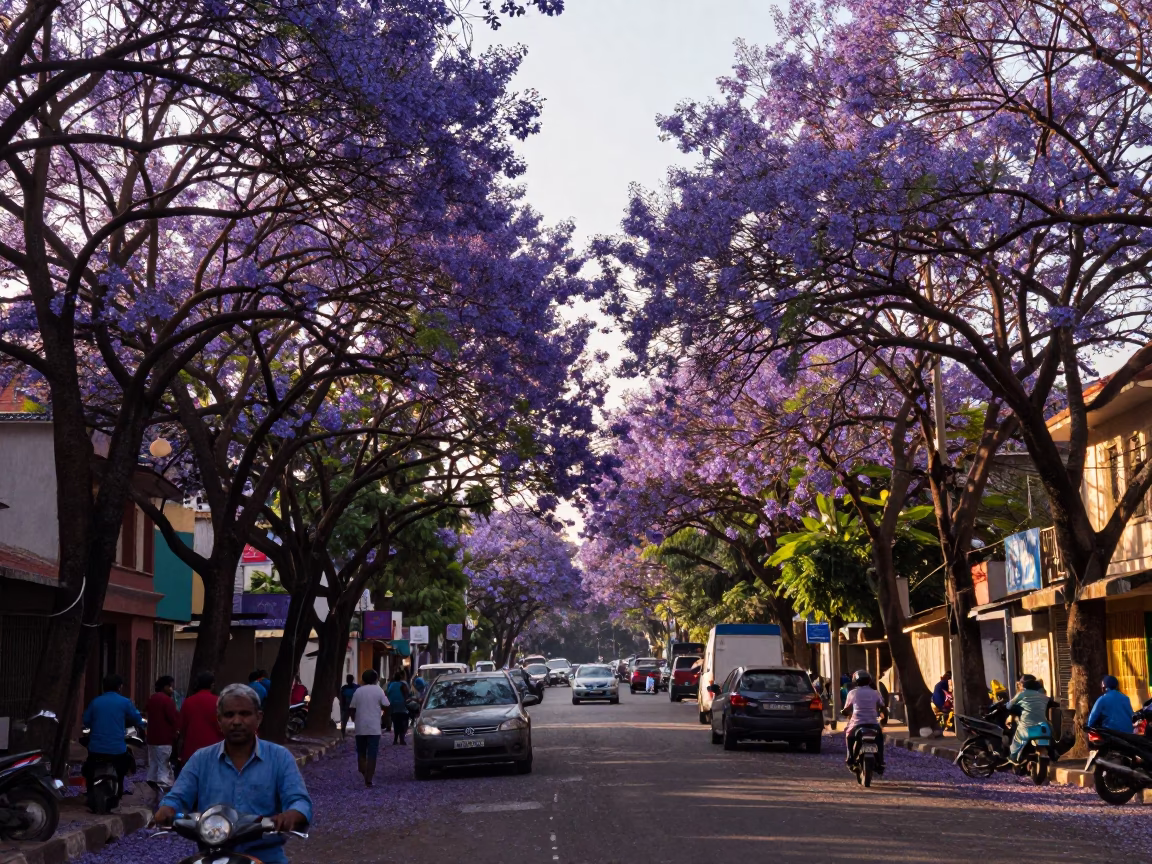 Late Afternoon Street Scene in Chennai India with Purple Jacaranda Blooms and Busy Traffic in in Chennai, India
