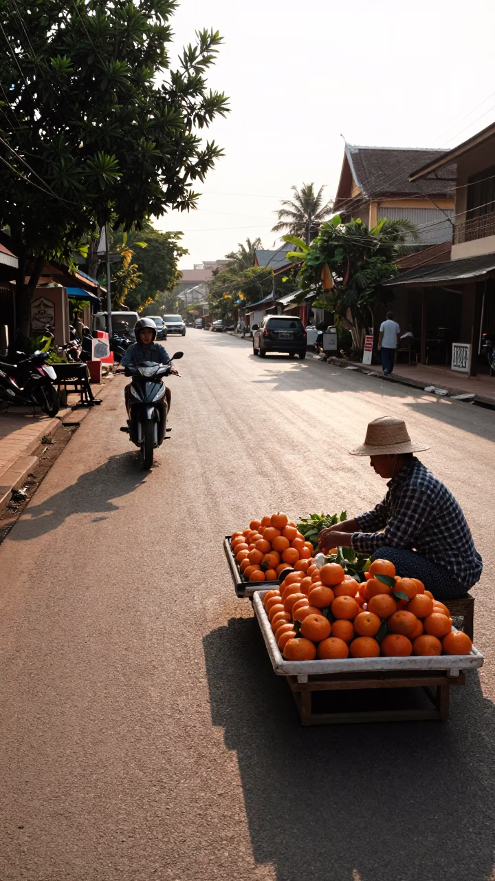 Late Afternoon Street Scene in Chiang Mai Thailand with Fruit Vendor and Traditional Architecture in in Chiang Mai, Thailand