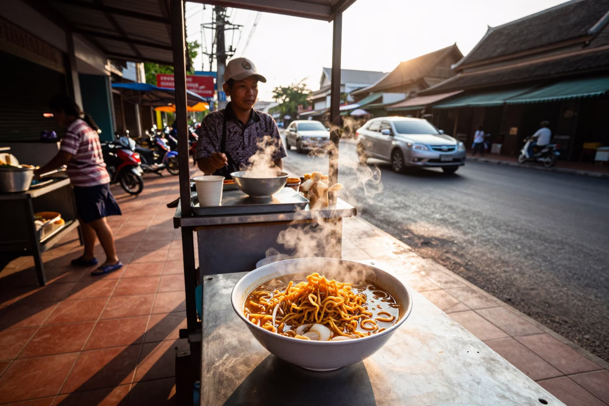 Late Afternoon Street Scene in Chiang Mai Thailand with Khao Soi and Window Light in in Chiang Mai, Thailand