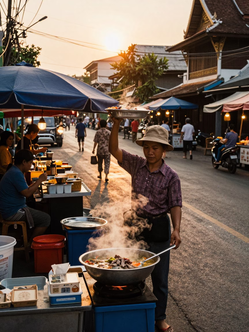 Late Afternoon Street Scene in Chiang Mai Thailand with Local Street Food and Bicycle in in Chiang Mai, Thailand