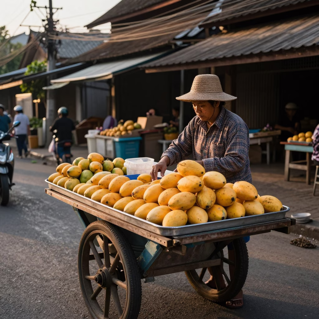 Late Afternoon Street Scene in Chiang Mai Thailand with Mangoes and Local Commerce in in Chiang Mai, Thailand