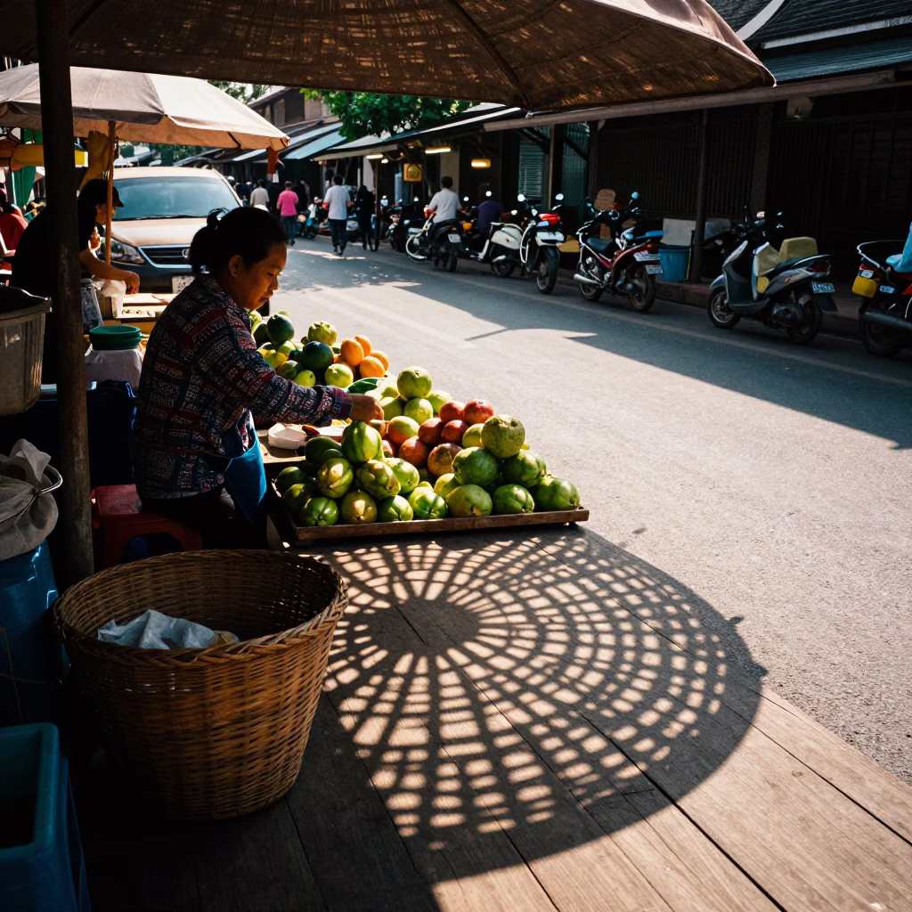 Late Afternoon Street Scene in Chiang Mai Thailand with Wicker Shadow on Countertop in in Chiang Mai, Thailand
