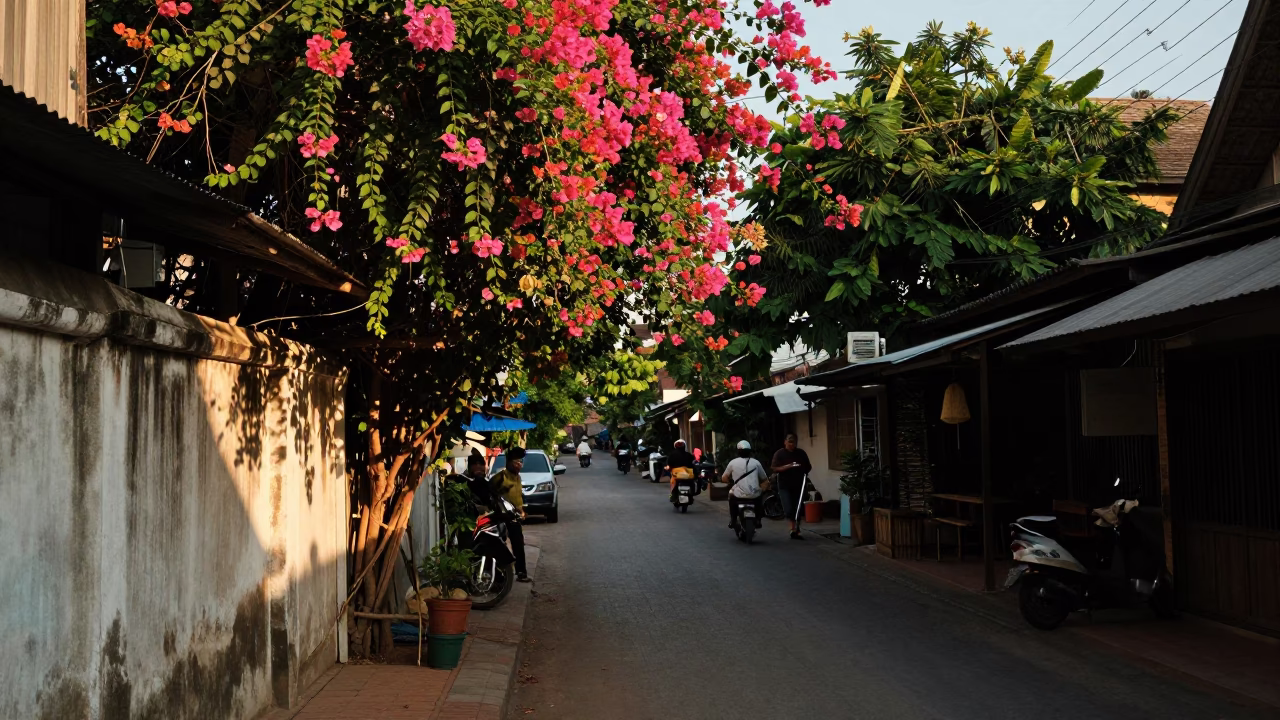 Late Afternoon Street Scene in Chiang Mai with Bougainvillea and Local Market Activity in in Chiang Mai, Thailand