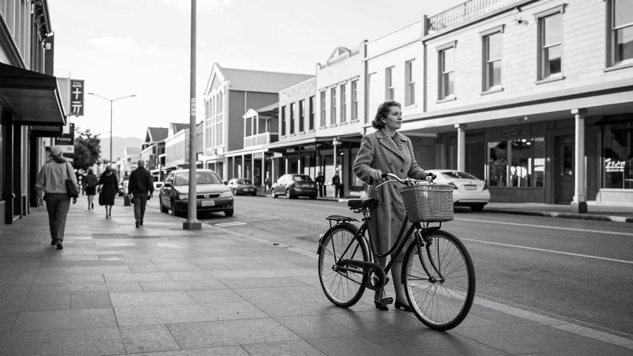Late Afternoon Street Scene in Christchurch New Zealand with Bicycle Basket and Dog in in Christchurch, New Zealand