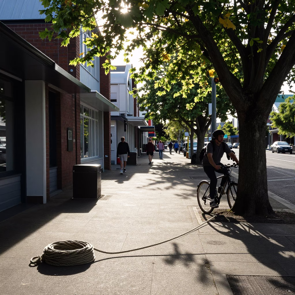 Late Afternoon Street Scene in Christchurch New Zealand with Coiled Rope and Glass Vases in in Christchurch, New Zealand
