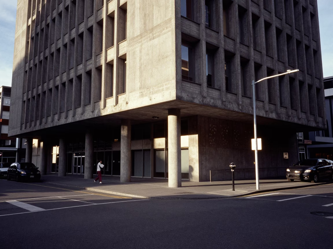 Late Afternoon Street Scene in Christchurch New Zealand with Concrete Brutalist Architecture in in Christchurch, New Zealand