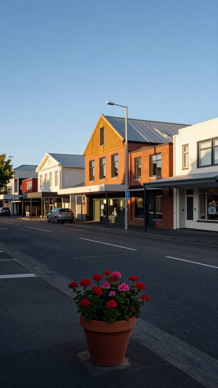 Late Afternoon Street Scene in Christchurch New Zealand with Potted Geraniums in in Christchurch, New Zealand